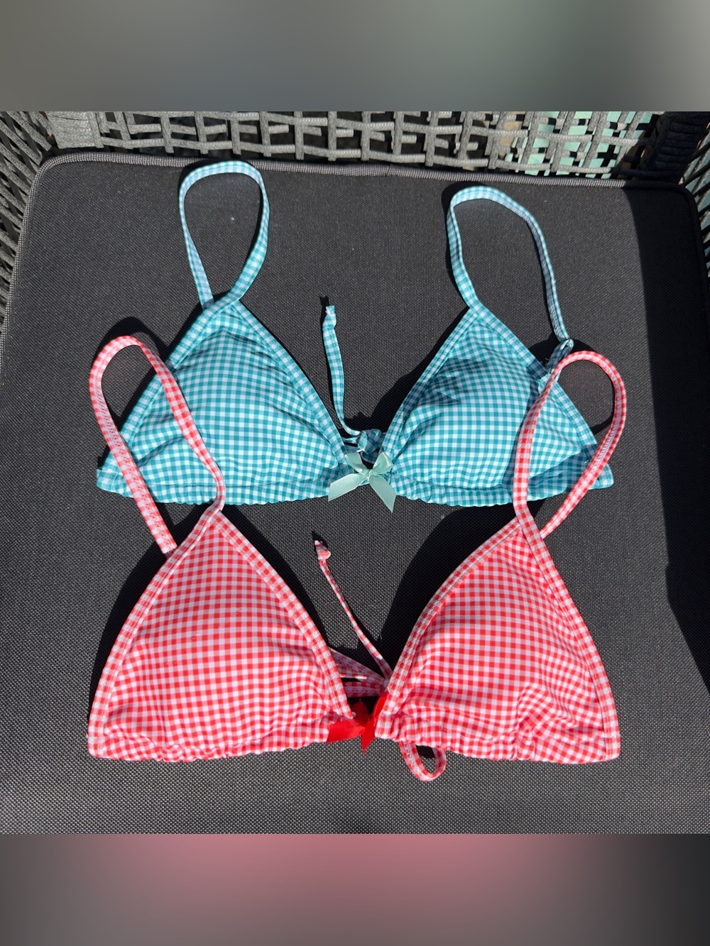 Set of Gingham Triangle Bikini Tops with Bows Red pink and Turquoise blue green